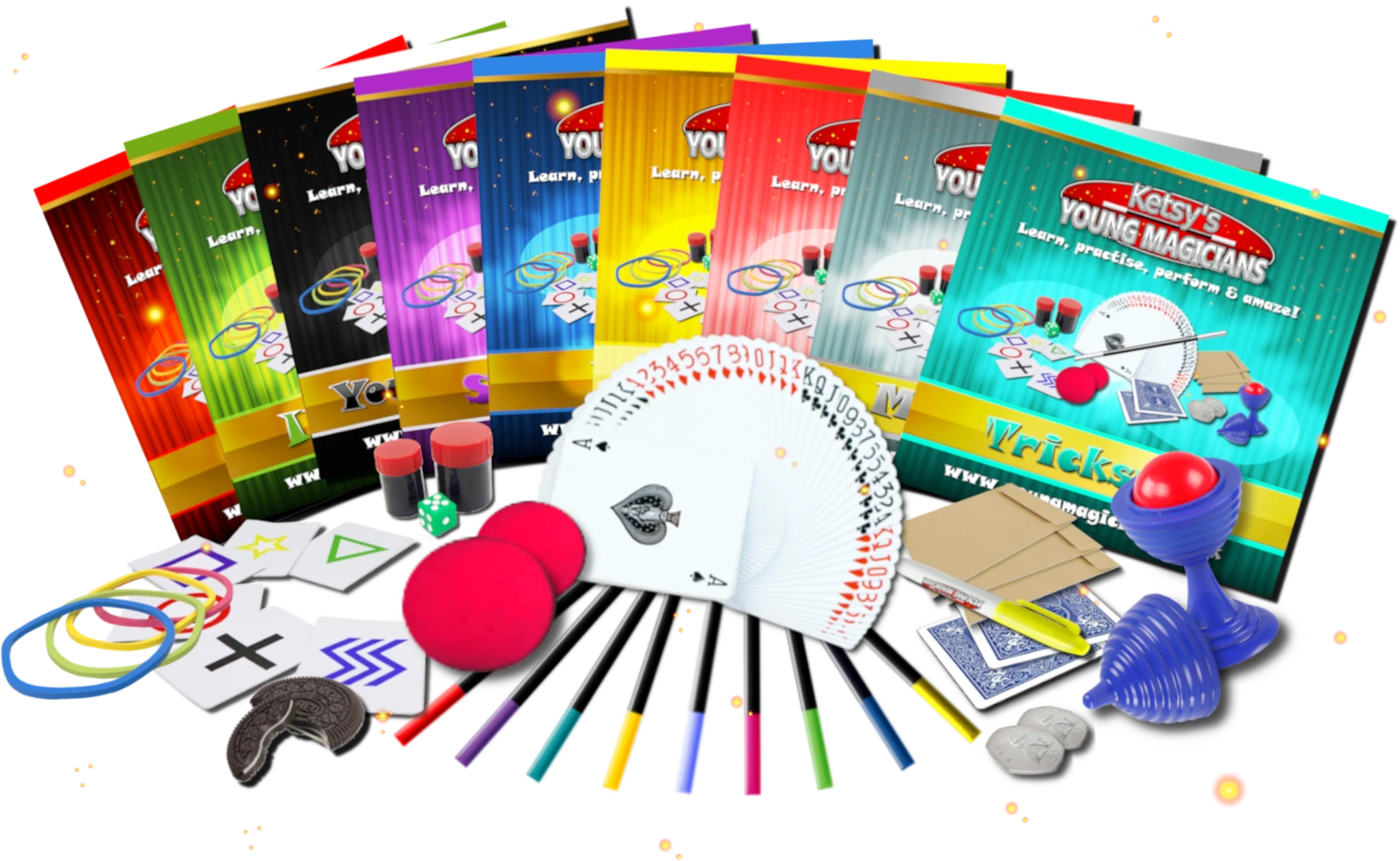 The nine Ketsy&rsquo;s Young Magicians sticker booklets with the club props: cards, sponge balls, ball and vase, mindreading cards, coloured wands, rope and coins
