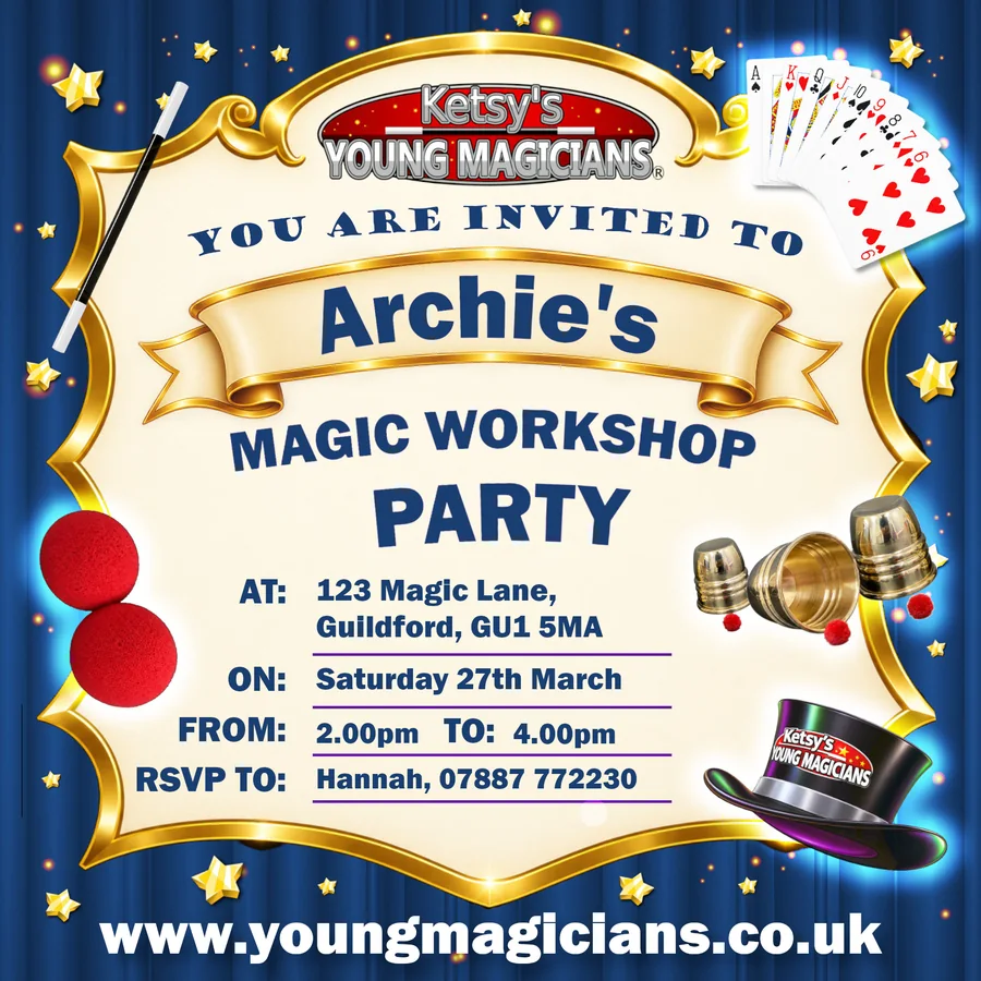Blue magic workshop party e-invitation with gold frame, top hat, playing cards and sponge balls