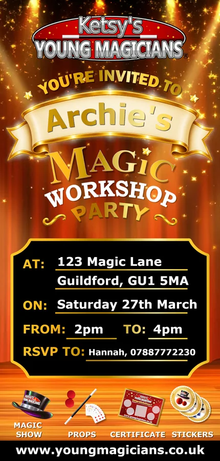 Gold magic workshop party e-invitation showing the magic show, props, certificate and stickers along the foot