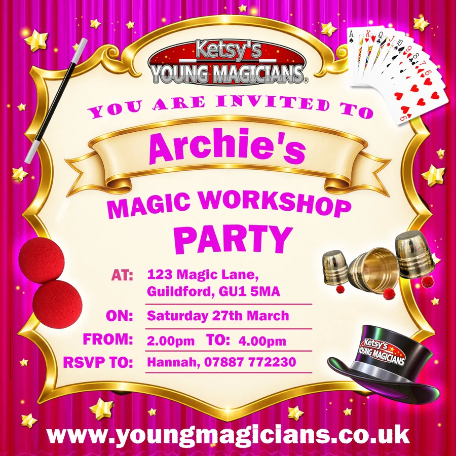 Pink magic workshop party e-invitation with gold frame, top hat, playing cards and sponge balls