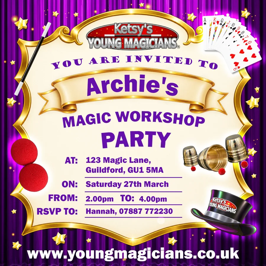 Purple magic workshop party e-invitation with gold frame, top hat, playing cards and sponge balls