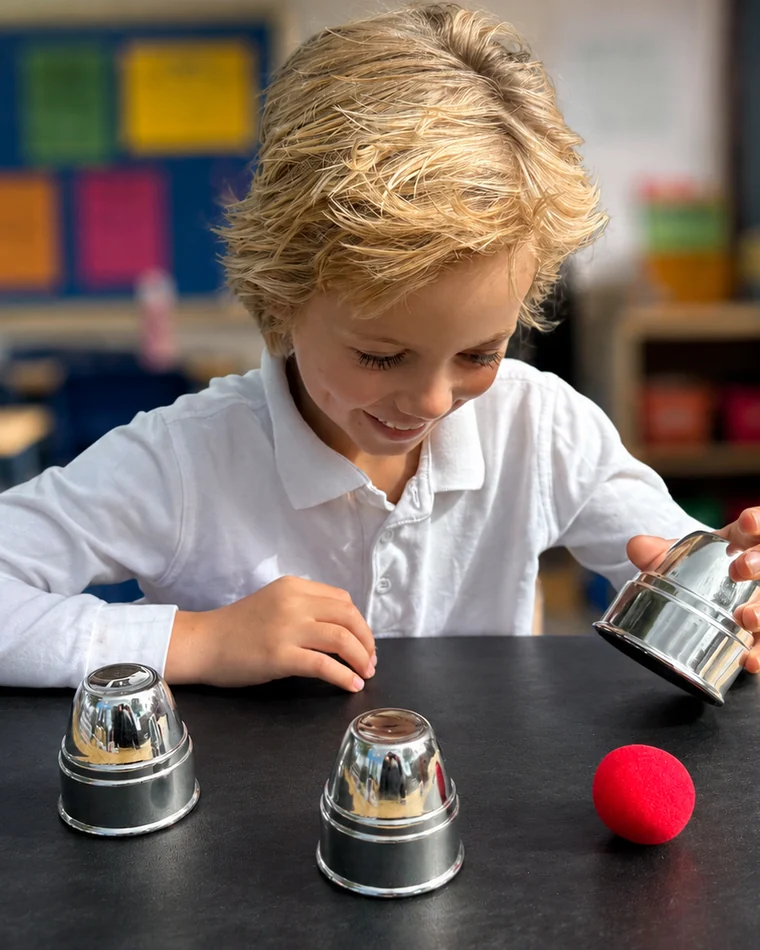 Boy learning the cups and balls at his classroom desk