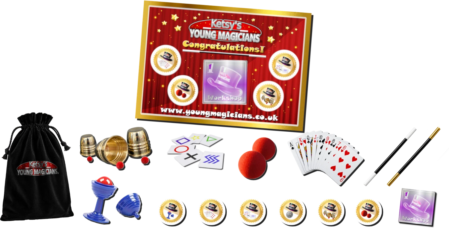 The Ketsy&rsquo;s Young Magicians party kit: workshop certificate, velvet bag, cups and balls, ball and vase, mindreading cards, sponge balls, playing cards, magic wands and achievement stickers