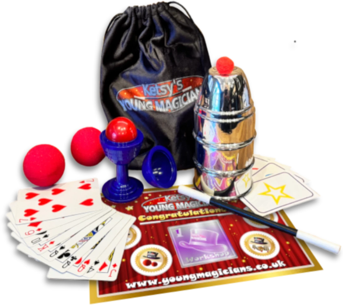 The magic party kit: crushed velvet bag, magic wand, sponge balls, cups and balls, ball and vase, playing cards, mindreading cards and workshop certificate