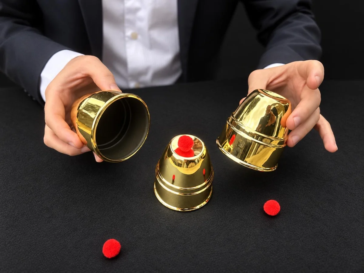 A magician performing the cups and balls trick with polished brass cups and red sponge balls