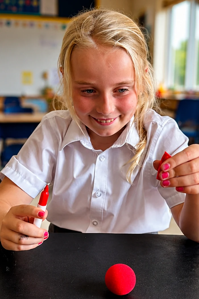 Girl learning a sponge ball trick at her classroom desk