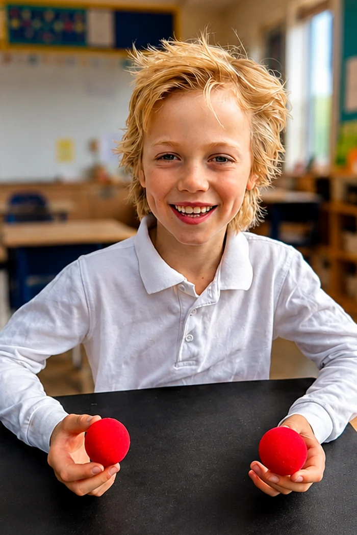 Boy practising with two red sponge balls in class